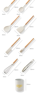 Detail view of 10-piece cream silicone kitchen utensil set with wooden handles and sizes