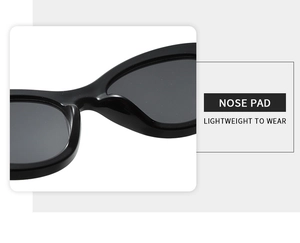 Detail of lightweight integrated nose pads on black cat-eye sunglasses for comfortable wear