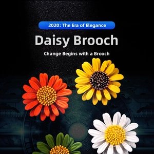 Macro shot of colorful enamel daisy brooches showing petal texture and fine details