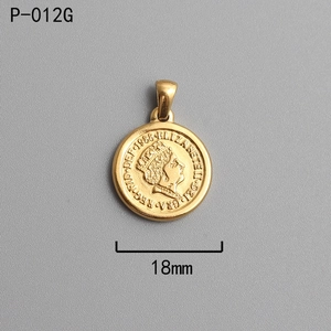 Macro shot of 18K gold plated titanium Roman coin pendant with queen relief and 18mm size