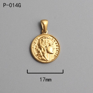 Detail of 17mm round Roman coin pendant in 18K gold plated stainless steel