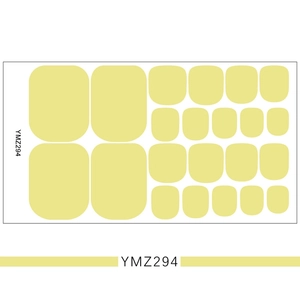 Detailed sheet of YMZ294 solid yellow self-adhesive 3D toenail stickers in various sizes