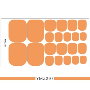 Close-up of solid orange 3D toe nail stickers on sheet, model YMZ297 for pedicures