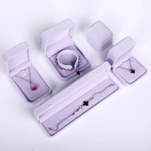 Lavender velvet jewelry box set for necklace, ring and bracelet display on white background