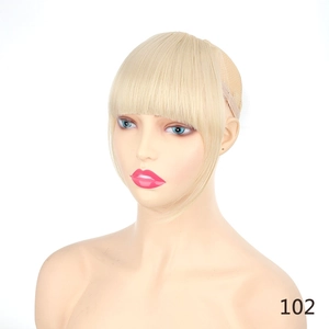 Detail of blonde clip-in bangs with sideburns showing natural fiber texture and inner mesh