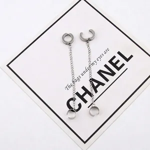 Silver stainless steel chain cuff earrings for non-pierced ears in a minimalist unisex style