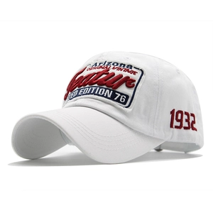 Close-up of 1932 Arizona embroidery and vintage side stitching on white baseball cap