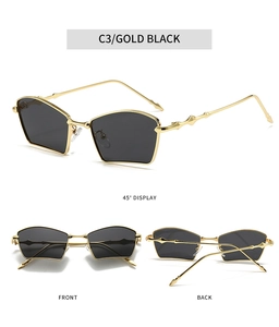 Detailed views of gold metal fan-shaped sunglasses with dark lenses from three angles