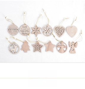 Set of 12 festive wooden Christmas ornaments with laser-cut snowflake and deer designs