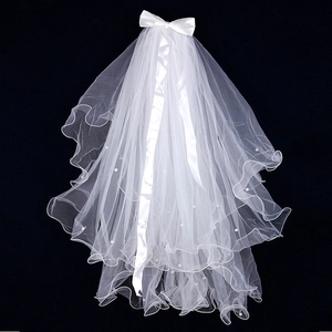 Double Layer Bridal Veil With Tulle Ribbon Bow Faux Artificial Pearl Wedding Hair Accessories Elegant Headpiece For Women Girls