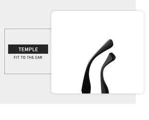 Detailed view of ergonomic black temple tips for comfortable ear fit and steady wear