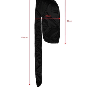 Size specifications for black silk durag showing 26cm width and 100cm long tail dimensions