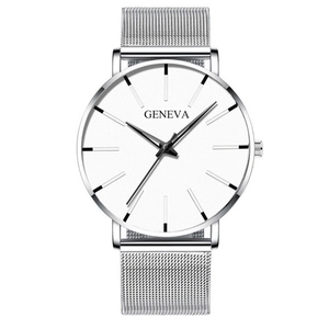 Minimalist ultra-thin Geneva men's quartz watch with silver stainless steel mesh band