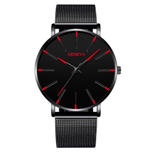 Minimalist ultra-thin Geneva men's watch with black mesh band and red indices