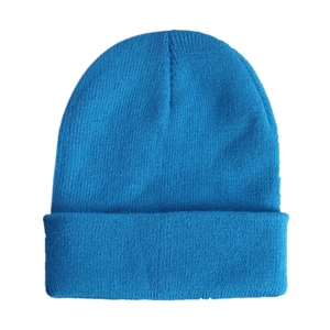 Detail shot of sky blue knitted beanie featuring a ribbed texture and folded cuff style