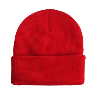 Classic red knitted beanie with folded cuff, warm winter skull cap for men and women