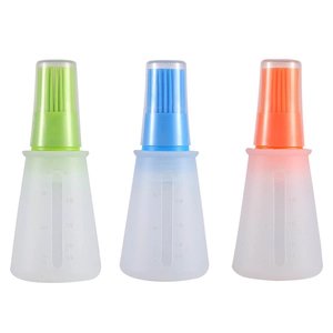 Silicone oil brush bottle set with measurement scales for outdoor BBQ in green blue orange