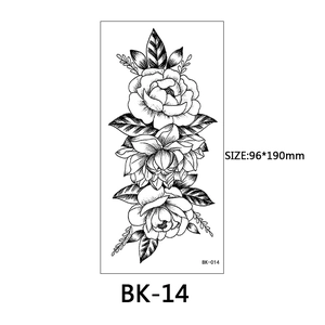 Macro detail of BK-14 black and white floral sketch tattoo sticker size 96x190mm