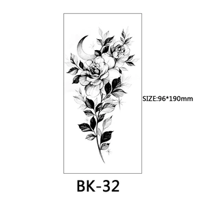 Detailed sketch of black and white flower and moon tattoo sticker, size 96x190mm