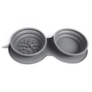 Portable gray silicone collapsible double pet bowl with slow feeder and metal clip