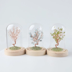 Three crystal money trees with wooden bases and glass domes for home office decoration