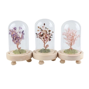 Three-piece set of natural crystal trees in glass domes with wooden bases for home decor