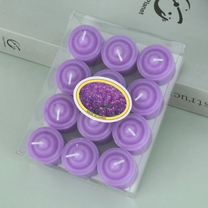 Detailed view of 12 purple spiral tea light candles in clear packaging for home decor