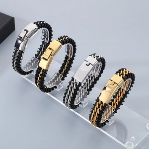 Men's stylish woven leather bracelets with gold and silver polished metal clasps