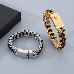 Men's titanium steel woven leather bracelets in gold and silver with rectangular clasp