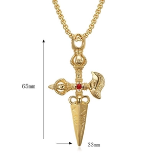 Golden Vajra pendant necklace with red gem, 65mm x 33mm dimension measurement