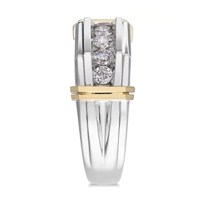 Two-tone silver and gold plated men's ring with three inset round cut diamonds