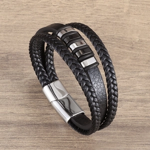 Multilayer black braided leather bracelet for men with silver metal charm and magnetic clasp