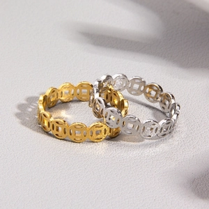 Retro titanium steel rings featuring hollowed-out coin designs in gold and silver colors