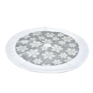 Round Christmas tree skirt with grey snowflake pattern and white faux fur trim, 100cm size