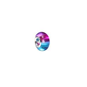 Macro shot of rainbow resin acrylic bead with silver metal core and purple blue gradient