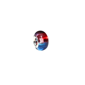 Detailed macro view of red and blue swirl resin bead with silver large hole metal core