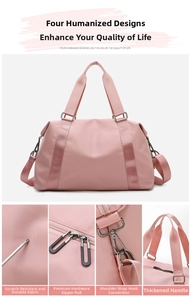 Detail view of pink gym bag with durable hardware zippers and scratch-resistant fabric