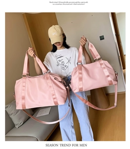 Comparison of two sizes of pink waterproof nylon travel bags with adjustable shoulder straps
