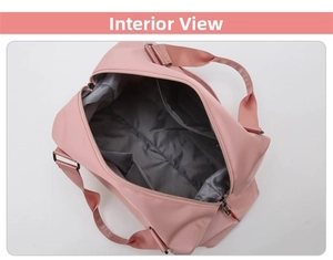 Internal structure of the pink gym bag showing waterproof pockets and compartments