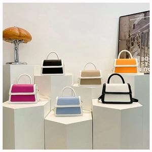 Women Contrast Color Handbag PU Leather Mini Shoulder Crossbody Bag With Handle And Adjustable Strap Minimalist Trendy