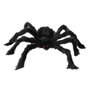 Giant plush black spider with red eyes for Halloween outdoor spooky decoration