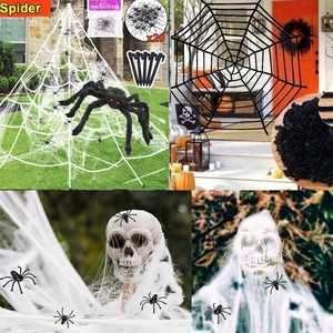 Giant Halloween spider web set with large plush spider and twenty small spiders for outdoor decor