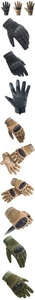 Detail view of tactical gloves in black, khaki and green with hard shell knuckle protection