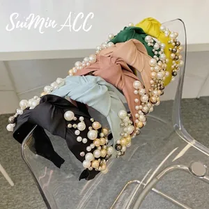 Wide Knotted Headband Vintage Elegant Satin Fabric Faux Artificial Pearl Metal Bead Hair Hoop Accessories For Women Girls