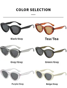 Color selection of retro cat-eye sunglasses in black, tea, gray, green, purple and beige