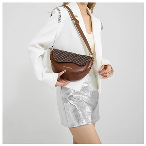 Fashionable brown saddle bag with geometric print and adjustable shoulder strap