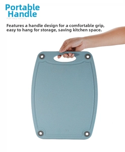Detail of teal wheat straw cutting board with ergonomic handle and non-slip corner grips
