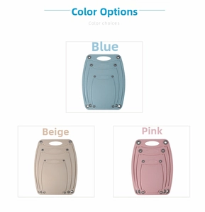 Wheat straw cutting board set in blue, beige, and pink colors with non-slip corners