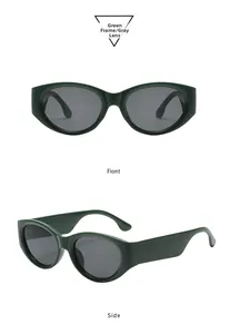 Front and side views of chunky oval cat-eye sunglasses with green frame and gray lenses