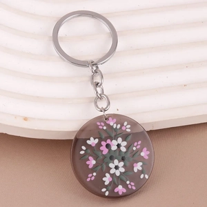 Bohemian floral acrylic keychain with pink flower pattern and silver metal ring